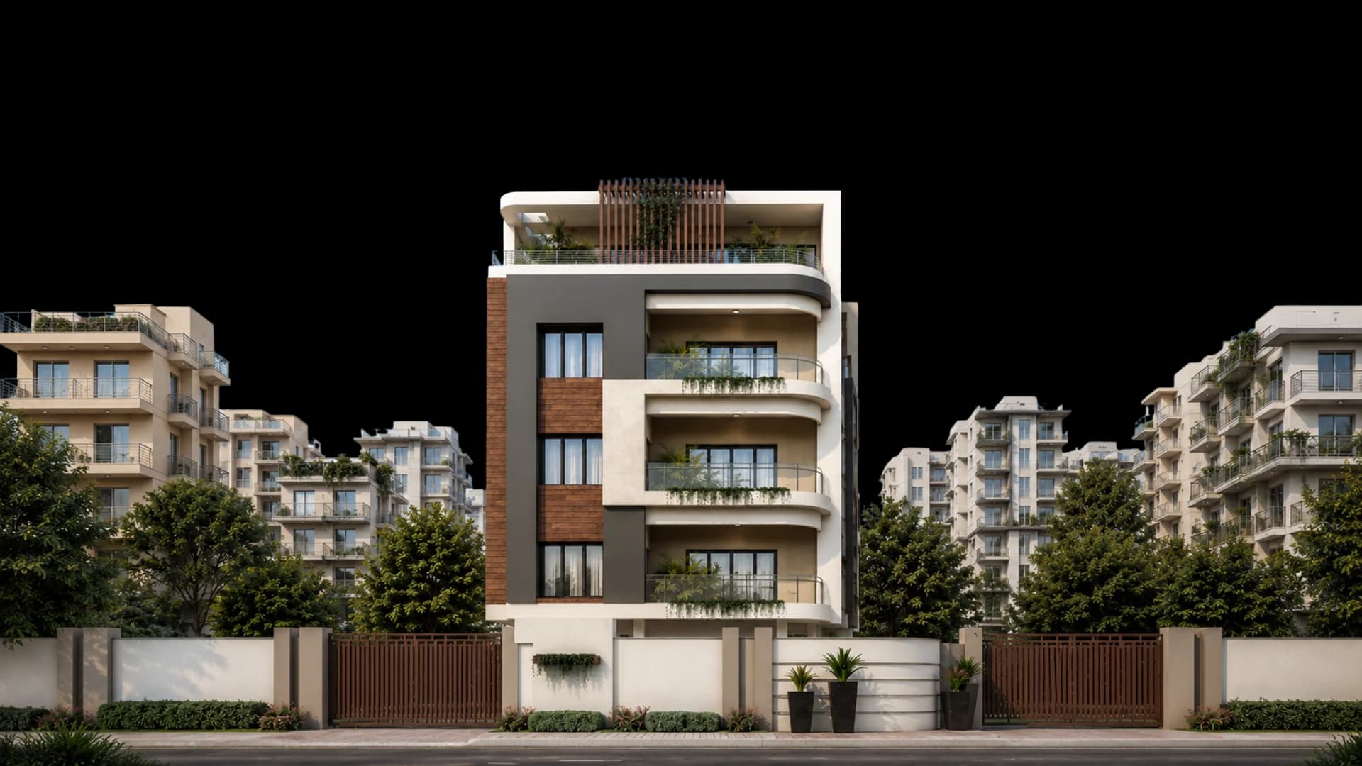A low-rise residential block on a tree-lined Tricity street, taller apartment towers behind it