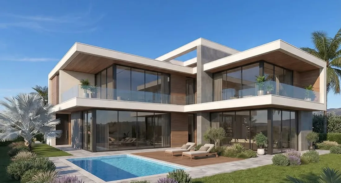 A contemporary villa with a swimming pool in its garden